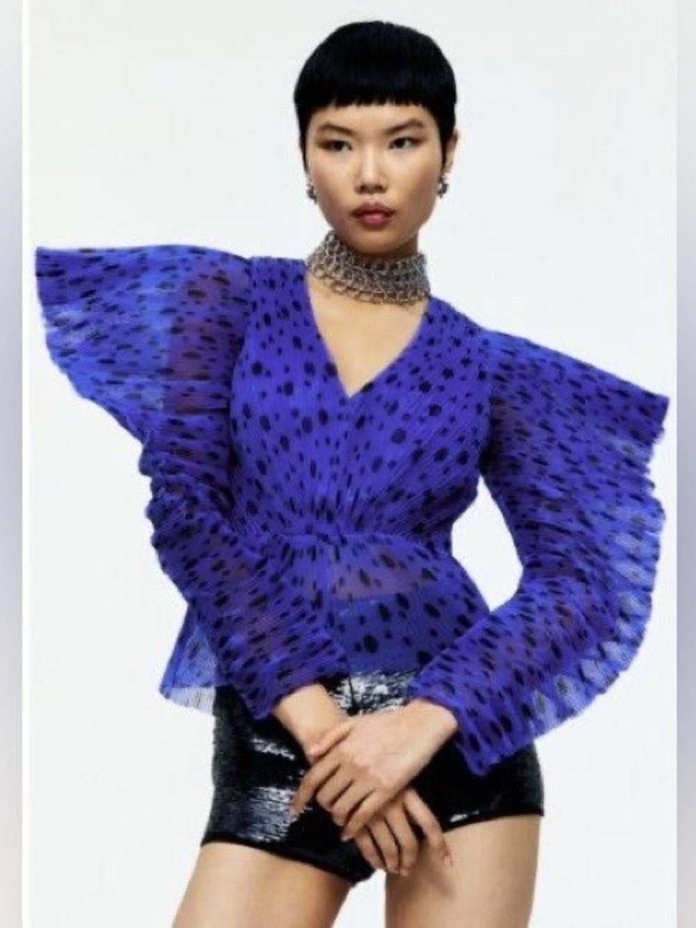 H&M Sheer Purple Ruffle Sleeve V-Neck Top